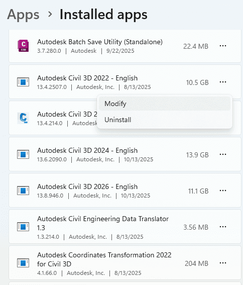 Screenshot of installed Autodesk applications on a computer, showing options to modify or uninstall various versions of Autodesk Civil 3D and related programs.
