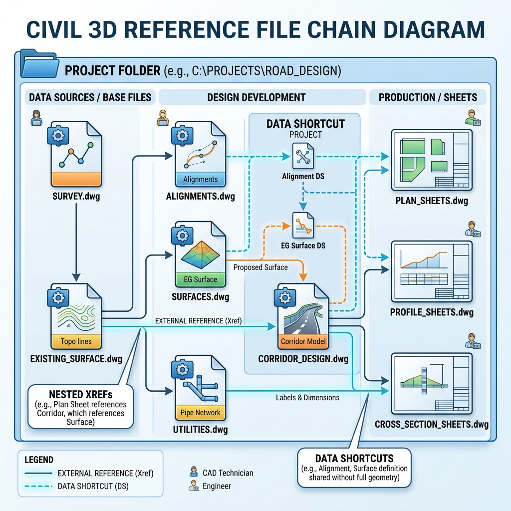Diagram of Civil 3D project folder with data sources, design development, and production sheets showing relationships between DWG files